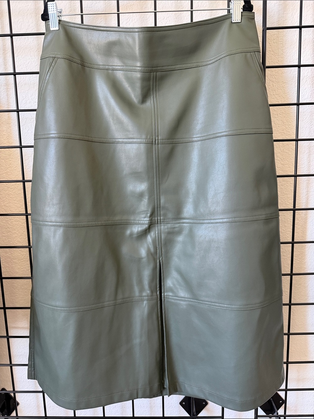 CAbi Olive Faux Leather A-Line Skirt